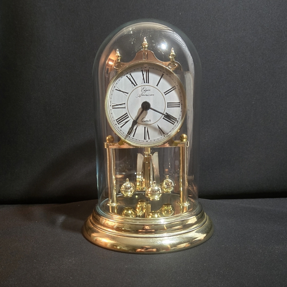 Elgin American Roman Numerals Elegant Gold  Glass Dome Clock.